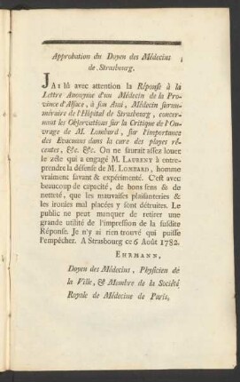 Approbation du Doyen des Médecins de Strasbourg