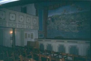 Grein an der Donau. Stadttheater (1563 als Rathaus, Umbau 1791). Blick zur Bühne mit Stadtbild Grein
