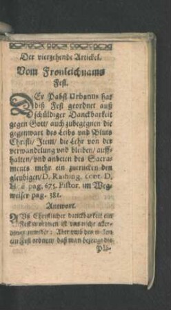 Der vierzehende Artickel. Vom Fronleichnams Fest.