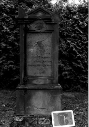 Grabstein 7 (Index: 100110399) Material: Sandstein Zustand: stark beschädigt und abgeblättert mit Textverlust Maße HxBxT: 135x45x16 cm Beschreibung: Stele, getreppter Sockel, Giebel mit Eckakroteren, eingetieftes Schriftfeld rechteckig: Grabstein 7
