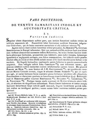 PARS POSTERIOR. DE TEXTUS SAMARITANI INDOLE ET AUCTORITATE CRITICA.
