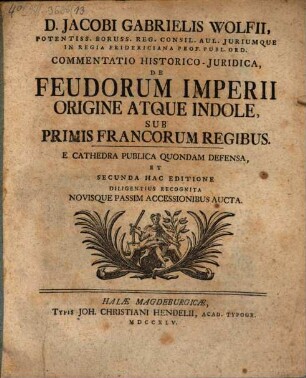Commentatio hist. iur. de feudorum origine ...