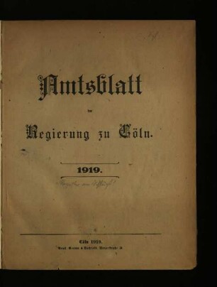 Amtsblatt der Regierung zu Köln / 1919