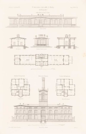 Garnison-Lazarett, Berlin-Tempelhof: Grundriss, Ansichten, Schnitte Isoliergebäude, Grundrisse, Ansicht Chefarzt-Wohngebäude (aus: Atlas zur Zeitschrift für Bauwesen, hrsg. v. G. Erbkam, Jg. 29, 1879)