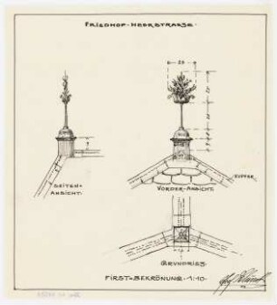 Friedhof Heerstraße, Berlin Feierhalle: Details 1:10: Firstbekrönung des Treppenvorbaus in Draufsicht, Vorderansicht, Seitenansicht