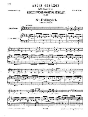 Felix Mendelssohn-Bartholdys Werke, 19,143. Nr. 143, Sechs Gesänge : op. 19. - 17 S. - Pl.-Nr. M.B.143