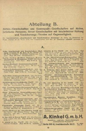Abteilung B. Aktien-Gesellschaften und Kommandit-Gesellschaften auf Aktien, juristische Personen ferner Gesellschaften mit beschränkter Haftung und Versicherungs-Vereine auf Gegenseitigkeit
