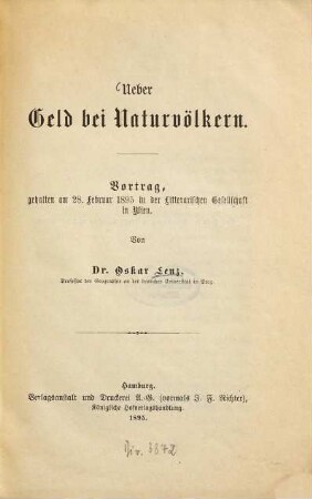 Ueber Geld bei Naturvölkern