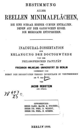 Bestimmung aller reellen Minimalflächen, die eine Schaar ebener Curven enthalten, denen auf der Gauss'schen Kugel die Meridiane entsprechen