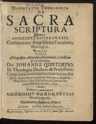 Disputatio Theologica De Sacra Scriptura