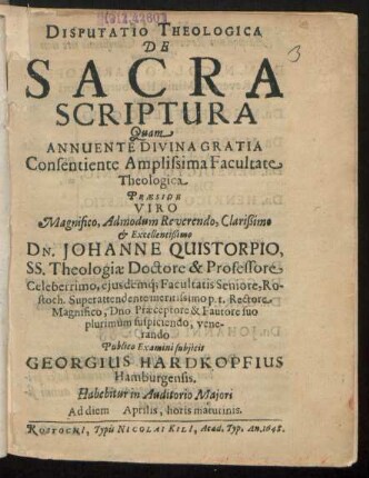 Disputatio Theologica De Sacra Scriptura