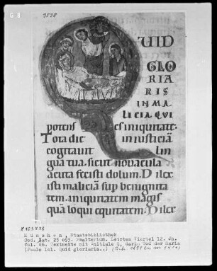 Psalterium aus einer bayrischen Malerschule — Initiale Q (uid gloriaris) Mit dem Tod der Maria, Folio 66recto