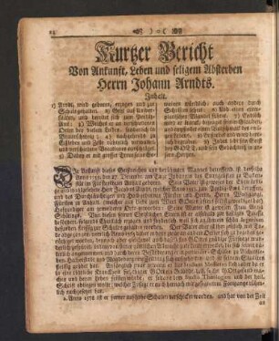 Kurtzer Bericht Von Ankunft, Leben und seligem Absterben Herrn Johann Arndts