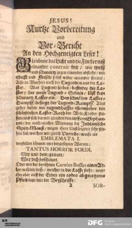 Jesus! Kurtze Vorbereitung und Vor-Bericht An den Hochgeneigten Leser!