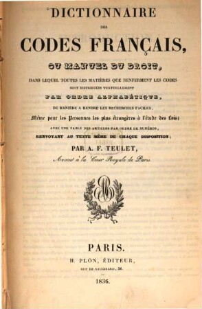 Dictionnaire des Codes Français ou Manuel du Droit