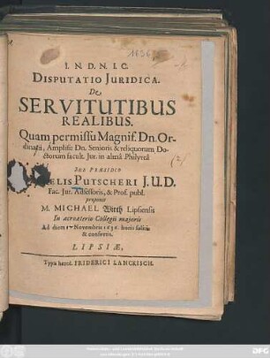 Disputatio Iuridica. De Servitutibus Realibus