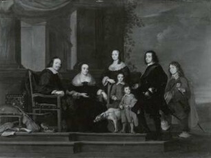 Eine Familie auf der Terrasse ihres Hauses : Coques, Gonzales: Eine Familie auf der Terrasse ihres Hauses. Öl auf Eichenholz; 67 x 90 cm. Dresden: Gemäldegalerie Alte Meister 1097