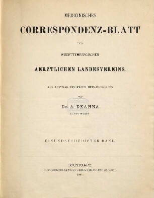 Medicinisches Correspondenzblatt des Württembergischen Ärztlichen Landesvereins. 61. 1891