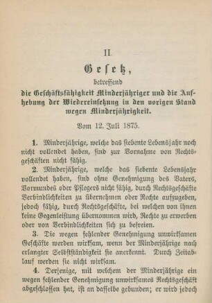 II. Gesetz, betreffend die Geschäftsfähigkeit Minderjähriger ...