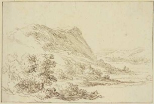 Landschaft, links ein Berg und Sträucher, rechts ein Tal im Hintergrund