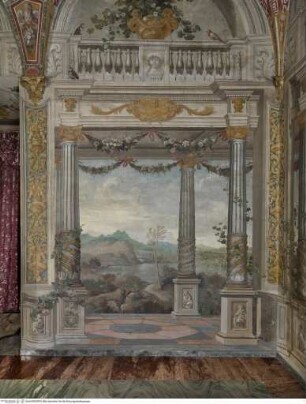 Weite Landschaften hinter illusionistischer Kolonnade mit bekrönender Balustrade, Weite Landschaft mit See