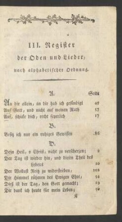 III. Register der Oden und Lieder, nach alphabetischer Ordnung [Anfang]