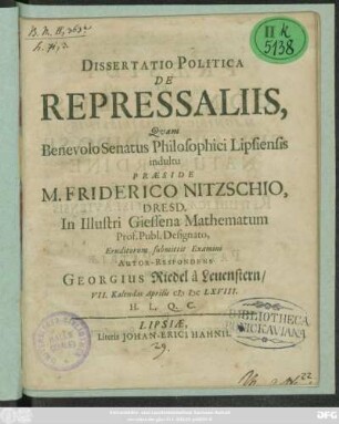 Dissertatio Politica De Repressaliis