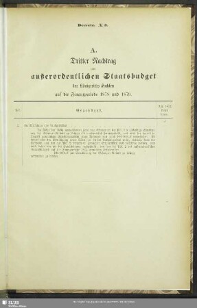 A. Dritter Nachtrag zum außerordentlichen Staatsbudget des Königreichs Sachsen auf die Finanzperiode 1878 und 1879