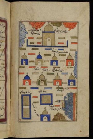Illustration: Abbildung mehrerer Grabstätten, einer Moschee und eines Berges