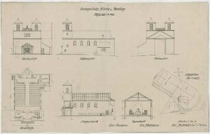 Fischer, Theodor; Gauting / Starnberg (Bayern); Ev. Christuskirche - Lageplan, Grundriss, Ansichten, Querschnitt,Längsschnitt