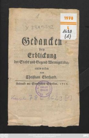 Gedancken bey Erblickung der Stadt und Gegend Wernigeroda