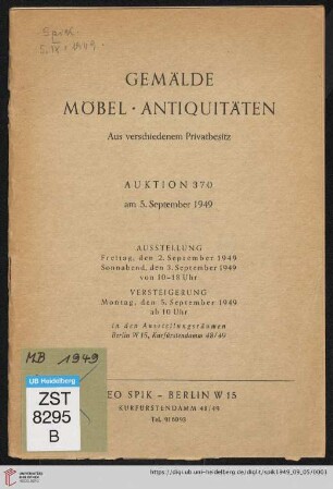 Gemälde, Möbel, Antiquitäten, aus verschiedenem Privatbesitz : Versteigerung Montag, den 5. September 1949