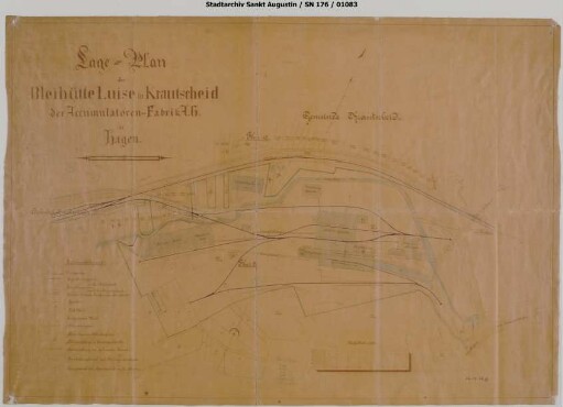Krautscheid, Gleisanschluss Bleihütte Luise. Lageplan der Bleihütte Luise in Krautscheid der Accumulatoren-Fabrik A.G. in Hagen