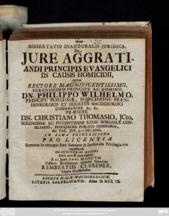 Dissertatio Inauguralis Juridica, De Jure Aggratiandi Principis Evangelici In Causis Homicidii