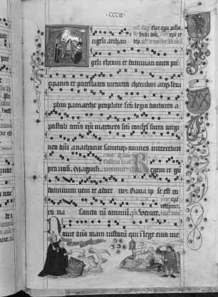 Antiphonarium (Benediktinerhandschrift) — Textseite mit mehreren figürlichen Darstellungen, Folio 306recto