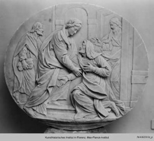 Ehemaliger Altar und Chorschranken (Fragmente: Domopera) : Heimsuchung (ehemals Baptisterium, Chorschranke)