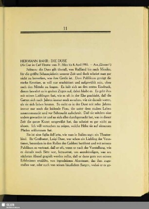 Hermann Bahr: Die Duse : (Als Gast im Carl-Theater vom 31. März bis 8. April 1903. – Aus „Glossen“)