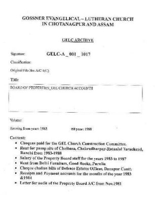 BOARD OF PROPERTIES GEL CHURCH ACCOUNTS