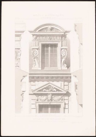 Hôtel Sully, Paris: Ansicht, Fassadenschnitte vertikal (aus: Motifs historiques d´architecture et de sculpture d´ornement, hrsg.v. César Daly, Bd.1, 1870)