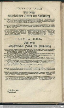 Tabula CCCLIII. Von denen ausgestorbenen Herren von Plassenberg; Tabula CCCLIV. Von denen ausgestorbenen Herren von Puntzendorf