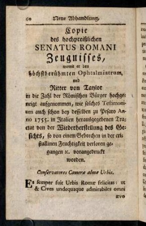 60-64, Copie des hochpreißlichen Senatus Romani Zeugnisses,...