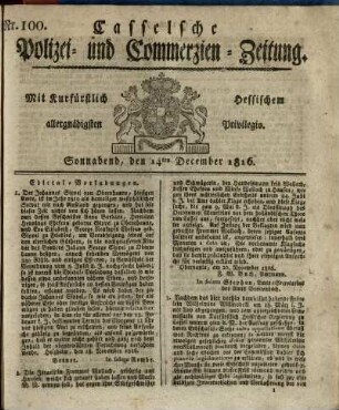 Nr. 100, Sonnabend, den 14ten December 1816