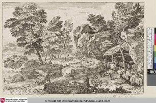 [Landschaft mit einem zwischen zwei Felsen liegenden Unterstand, aus dem Hirten ihre Schafe treiben, Titelblatt; Shed with Sheep and Cows; L'étable]
