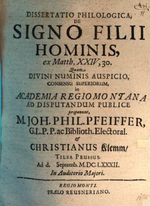 Dissertatio Philologica, De Signo Filii Hominis, ex Matth. XXIV,30.