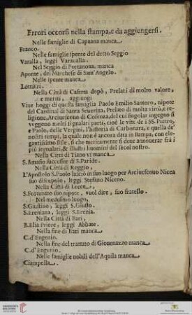 Errori occorsi nella stampa, e da aggiungersi