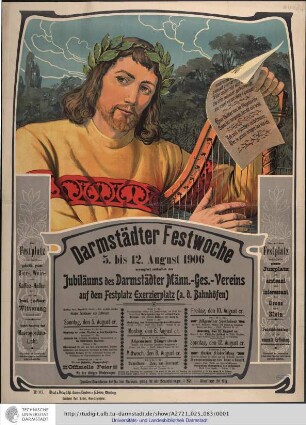 Darmstädter Festwoche 5.bis 12.August 1906 arrangiert anlässlich des Darmstädter Männ.-Ges.-Vereins auf dem Festplatz Exerzierplatz (a.d.Bahnhöfen).