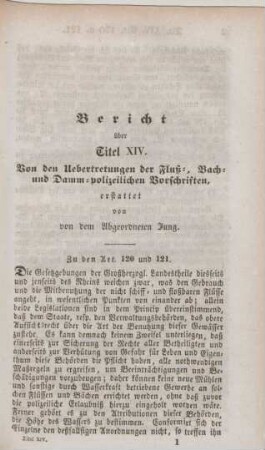Bericht über Titel XIV. Von den Uebertretungen der Fluß-, Bach- und Damm-polizeilichen Vorschriften