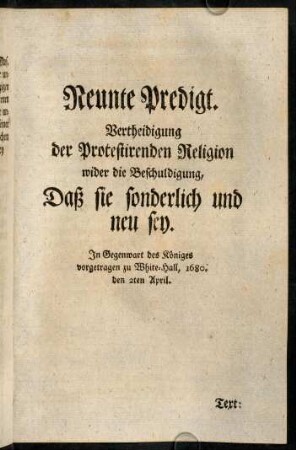 383-422, Neunte Predigt. Vertheidigung der Protestirenden Religion...