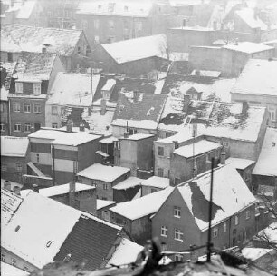 Winter in Wurzen : Wurzen. Blick von der Wenceslaikirche über die winterlich verschneite, angrenzende Häuserlandschaft der Altstadt