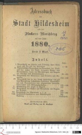 1880: [1880] Adressbuch der Stadt Hildesheim und des Fleckens Moritzberg : auf das Jahr 1880